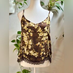 Ryegrass Brown Floral Sheer Lace Hem Cami – Size L
